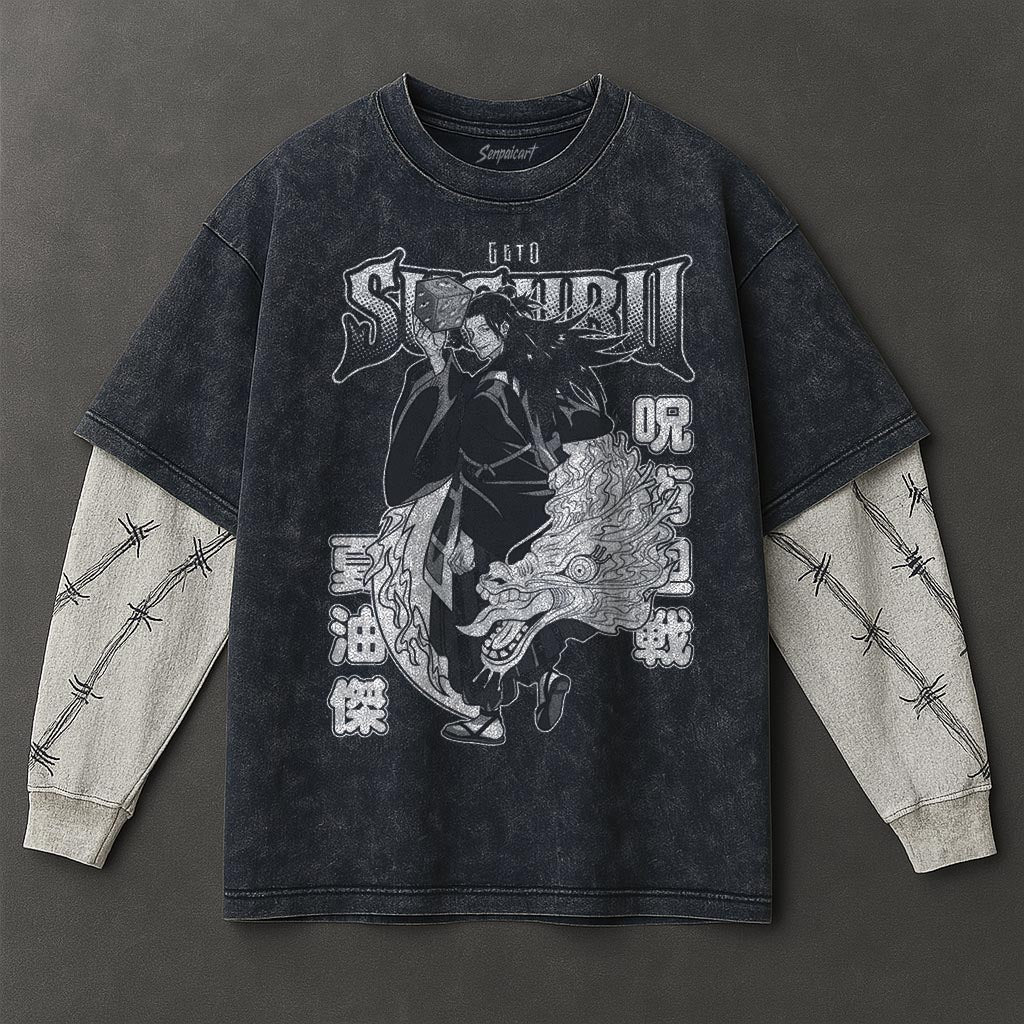 Jujutsu Kaisen Premium Flowy Double Sleeves Blue Washed T-Shirt