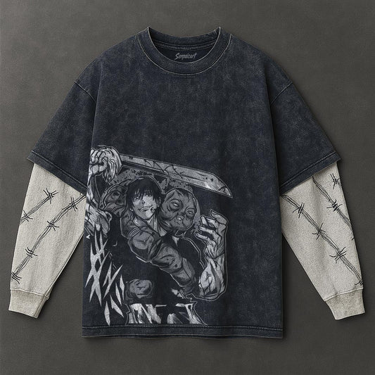 Jujutsu Kaisen Premium Casual Double Sleeves Blue Washed T-Shirt