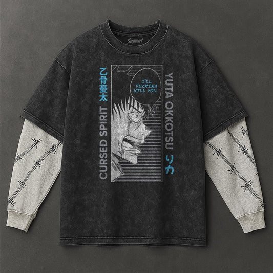 Jujutsu Kaisen Premium Slouchy Black Double Sleeves Washed T-Shirt