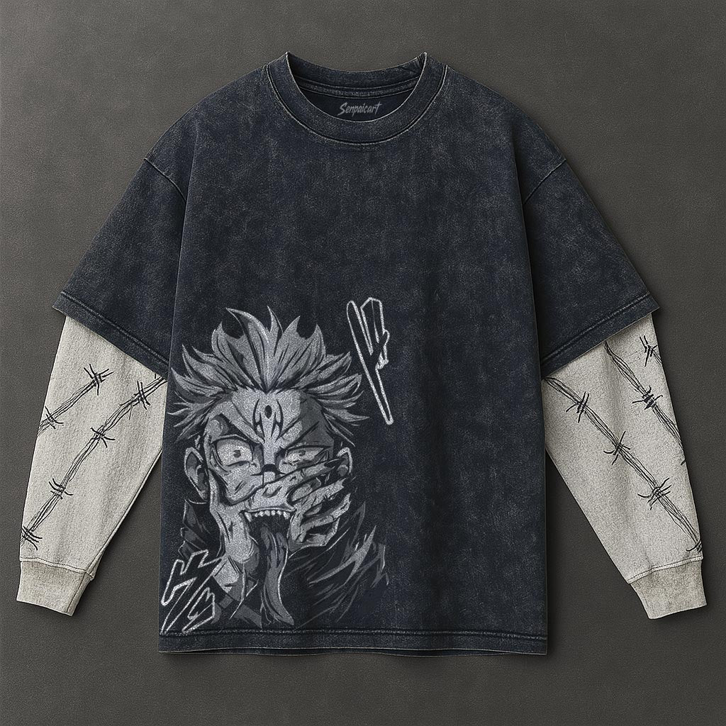 Jujutsu Kaisen Premium Loose Double Sleeves Blue Washed T-Shirt