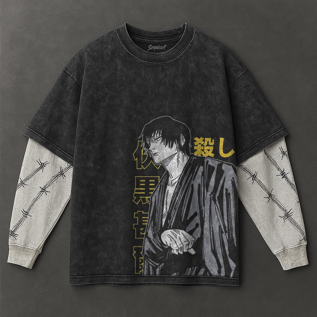 Jujutsu Kaisen Premium Comfy Black Double Sleeves Washed T-Shirt