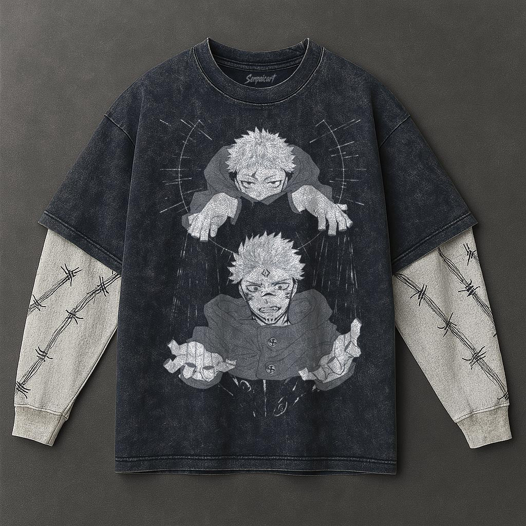Jujutsu Kaisen Premium Slouchy Double Sleeves Blue Washed T-Shirt