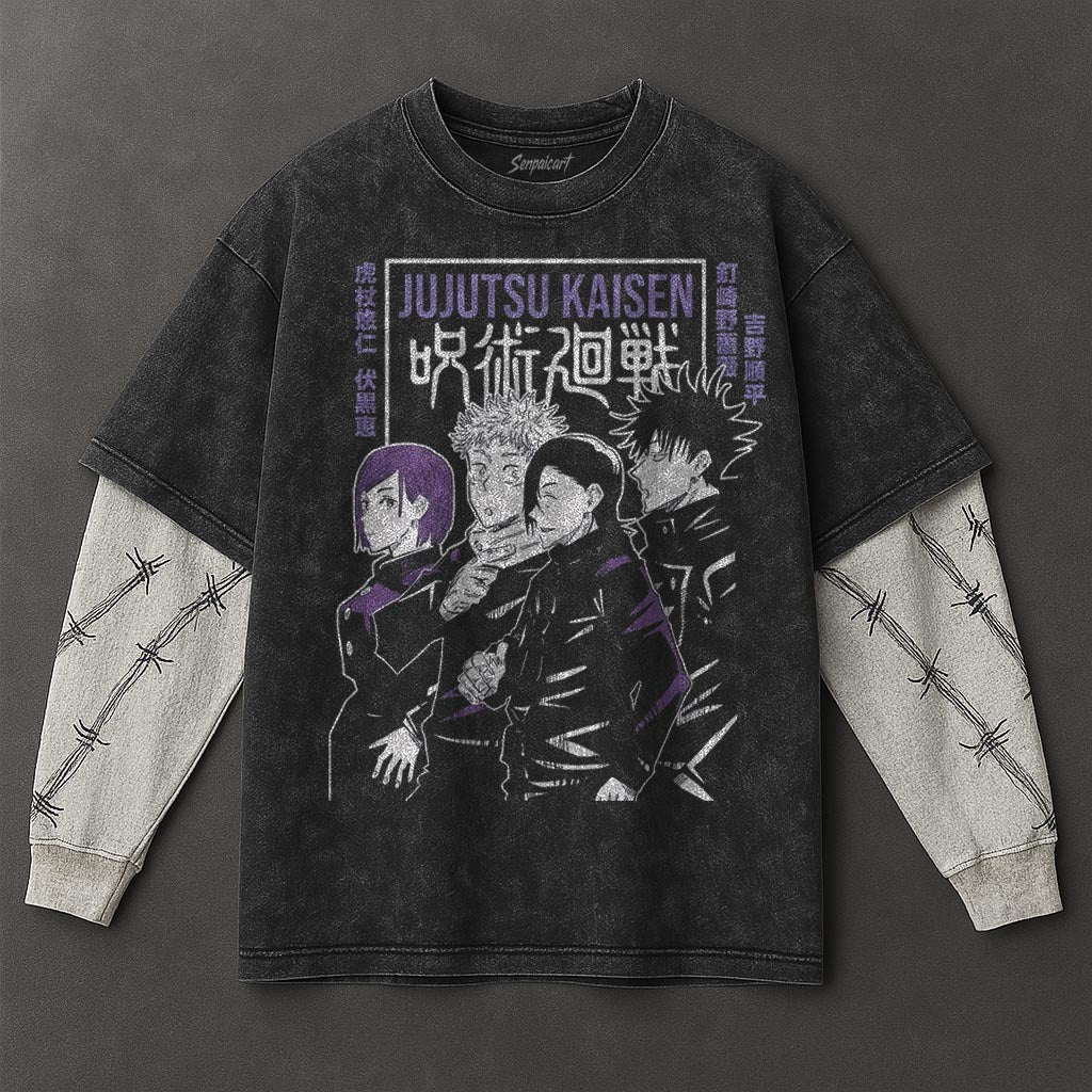 Jujutsu Kaisen Premium Loose Black Double Sleeves Washed T-Shirt