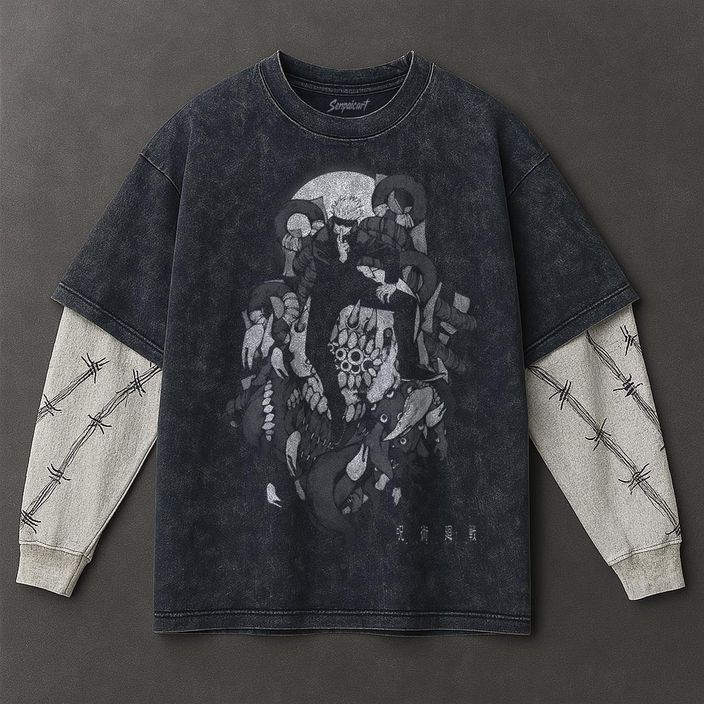 Jujutsu Kaisen Premium Relaxed Double Sleeves Blue Washed T-Shirt