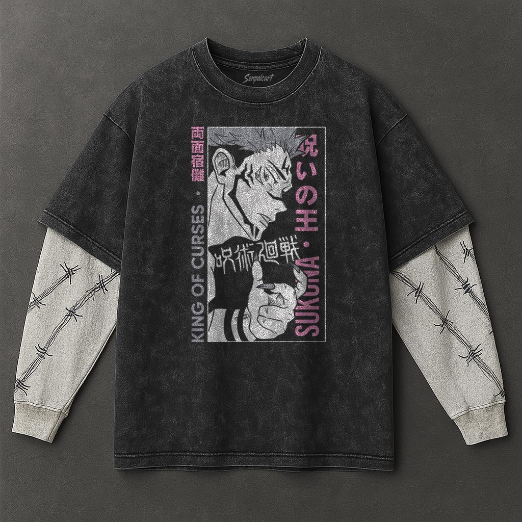 Jujutsu Kaisen Premium Effortless Black Double Sleeves Washed T-Shirt