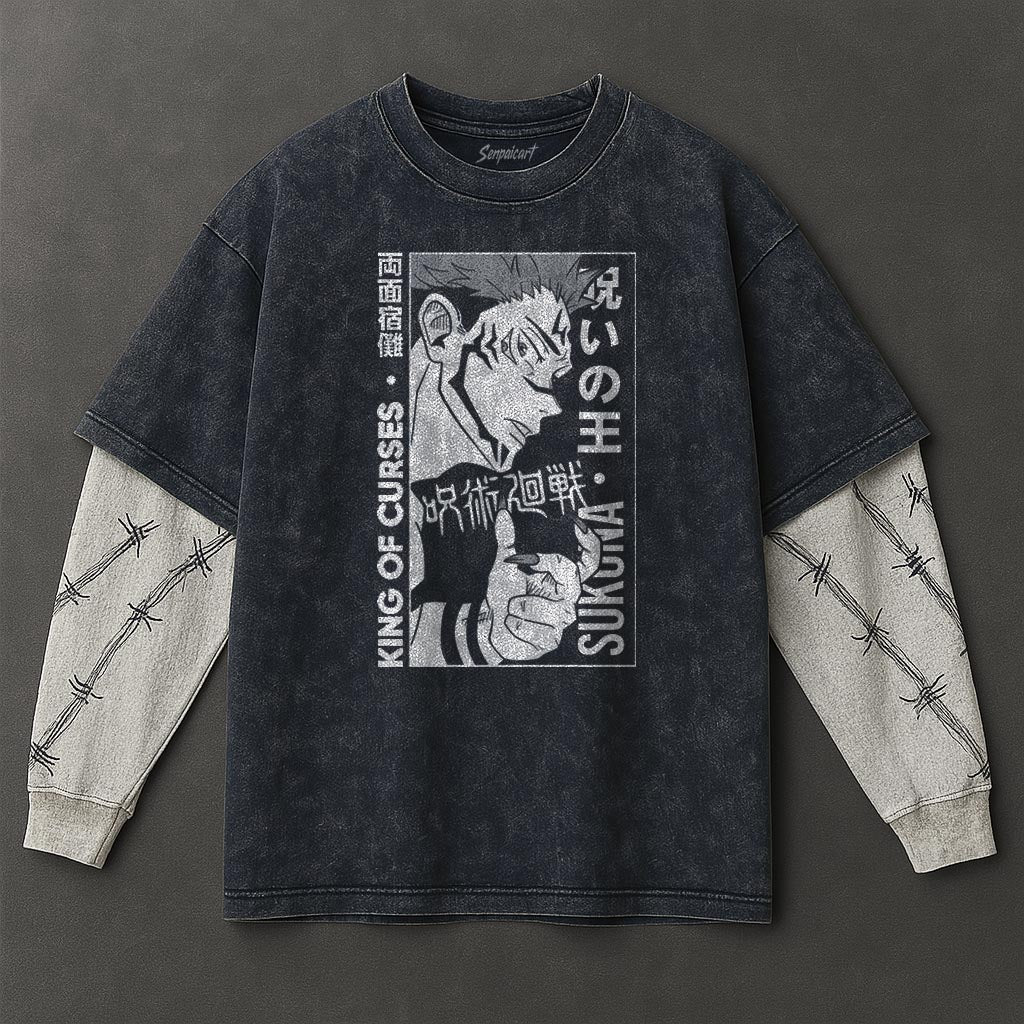 Jujutsu Kaisen Premium Lightweight Double Sleeves Blue Washed T-Shirt