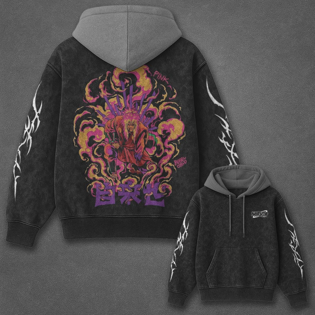 Naruto Oversized Essential Black and Gray Washed Hoodie