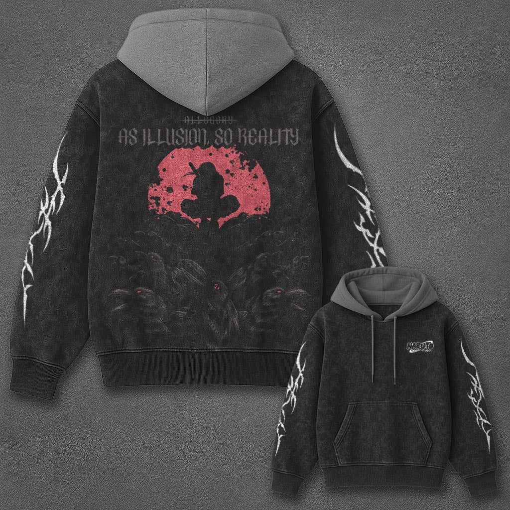 Naruto Oversized Effortless Black and Gray Washed Hoodie