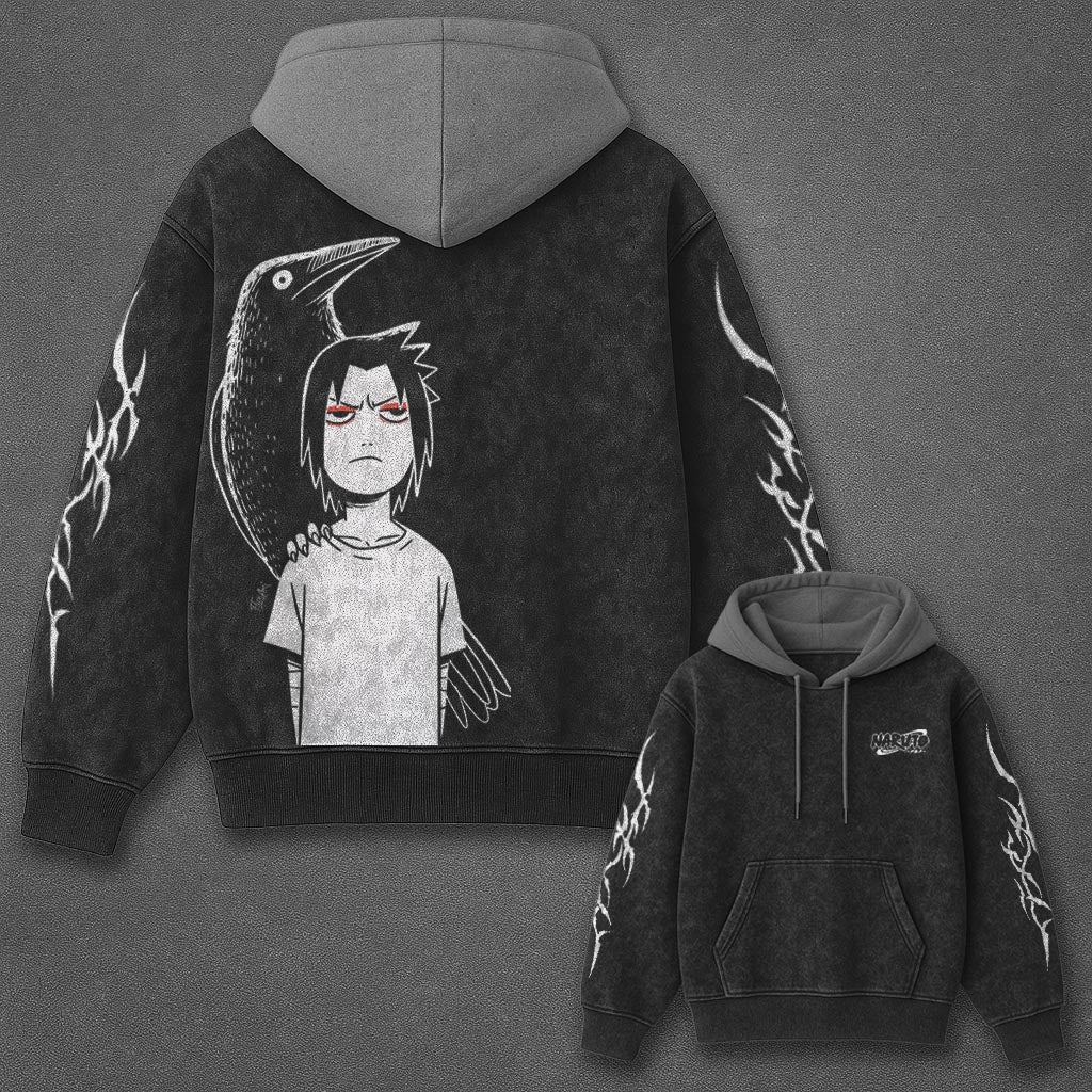 Naruto Oversized Signature Black and Gray Washed Hoodie