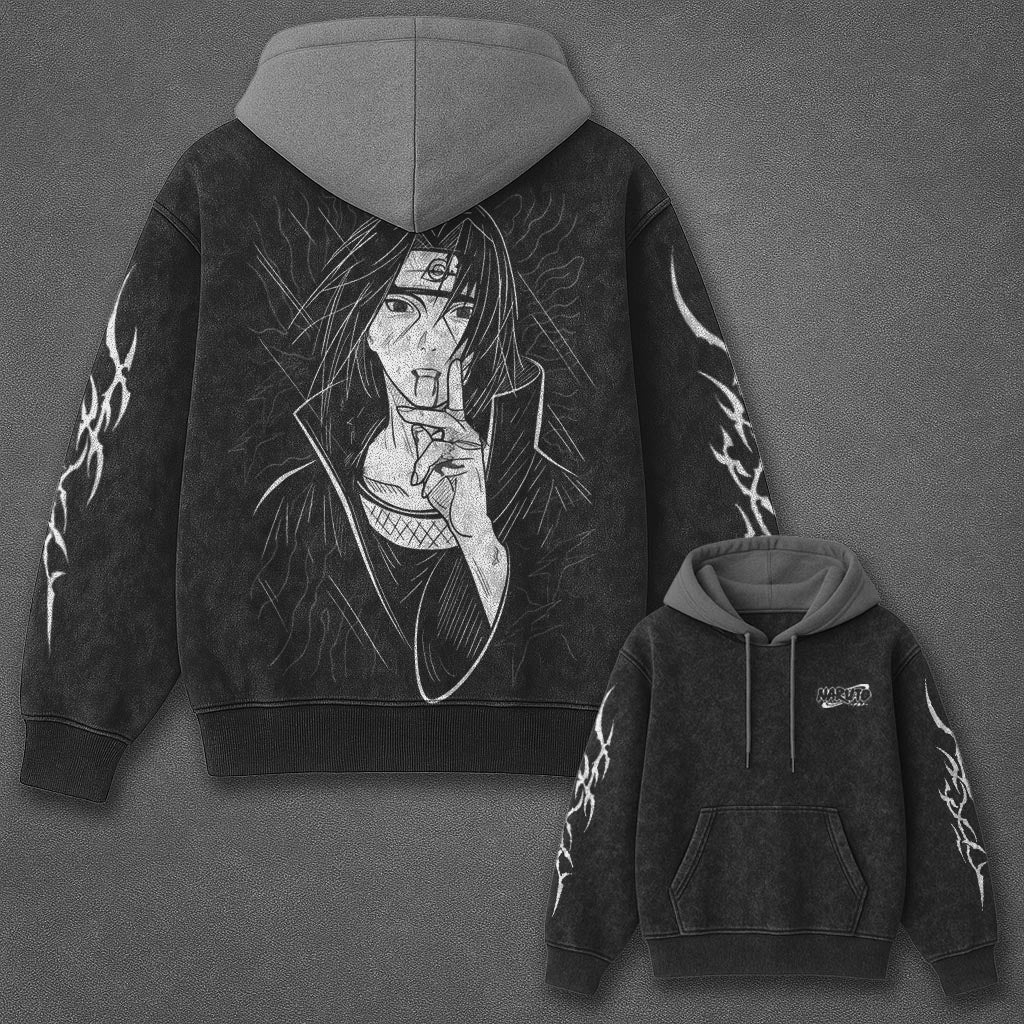 Naruto Oversized Rugged Black and Gray Washed Hoodie