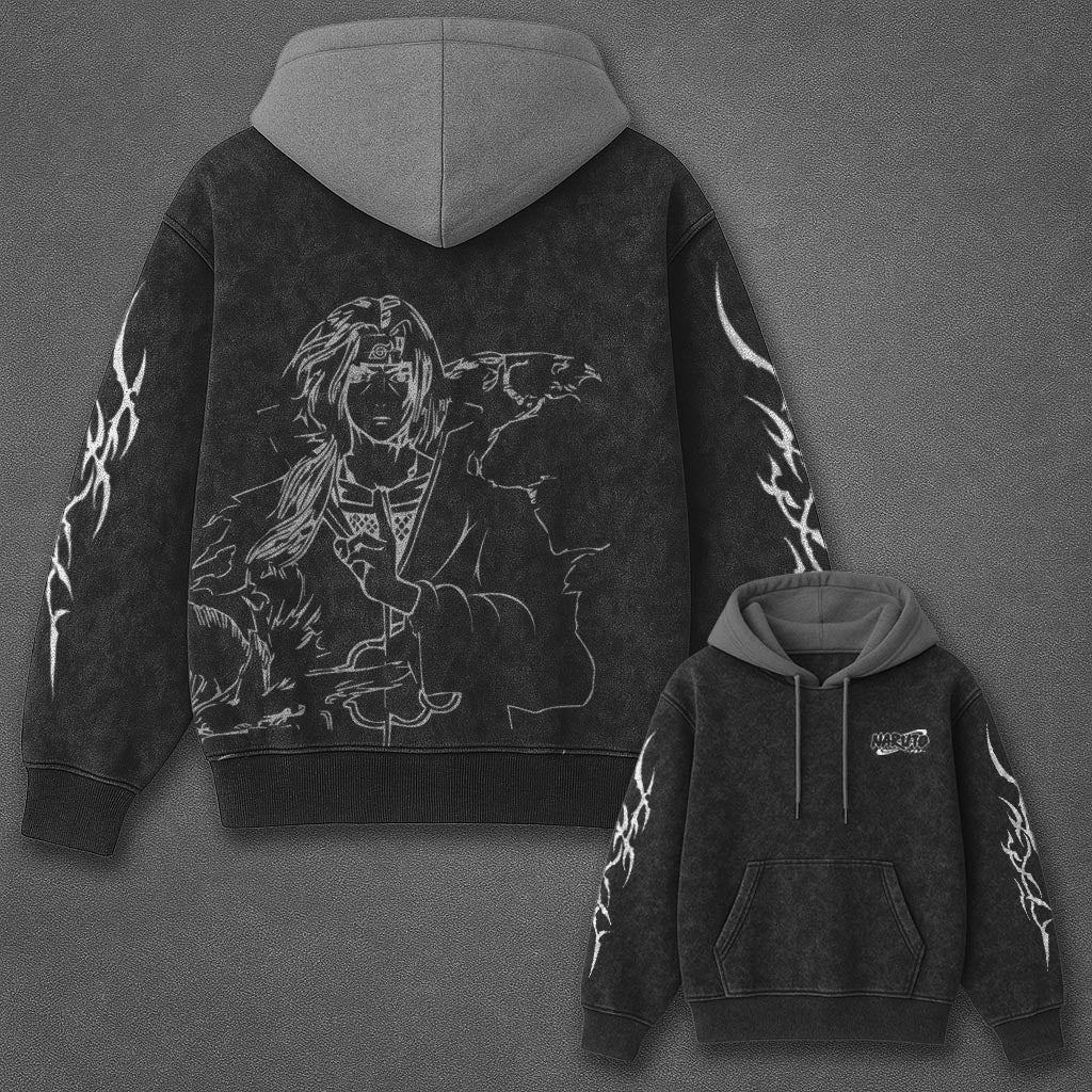 Naruto Oversized Modern Black and Gray Washed Hoodie