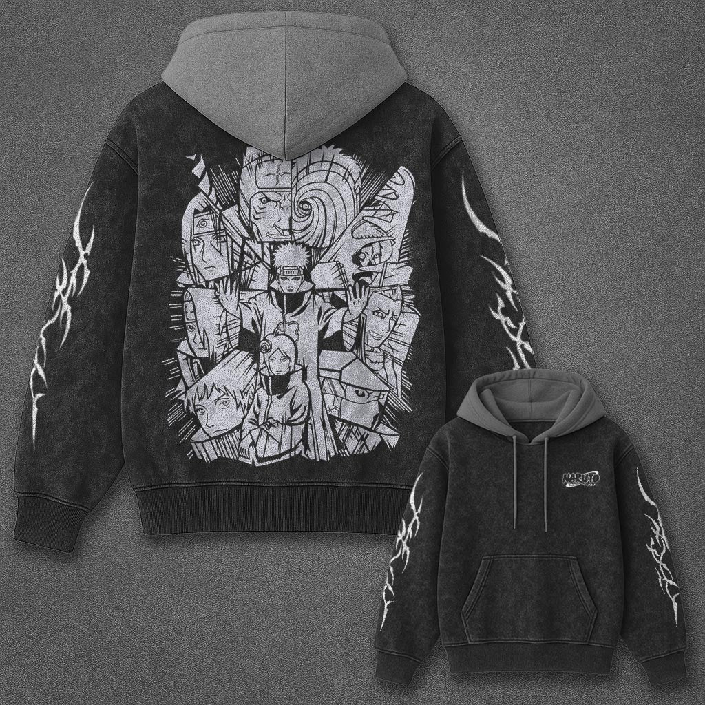 Naruto Oversized Street Black and Gray Washed Hoodie