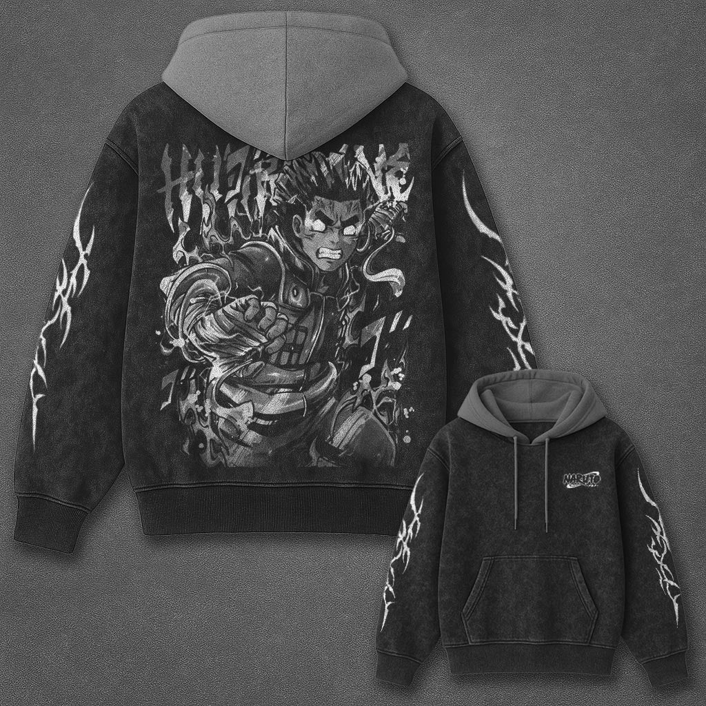 Naruto Oversized Sleek Black and Gray Washed Hoodie