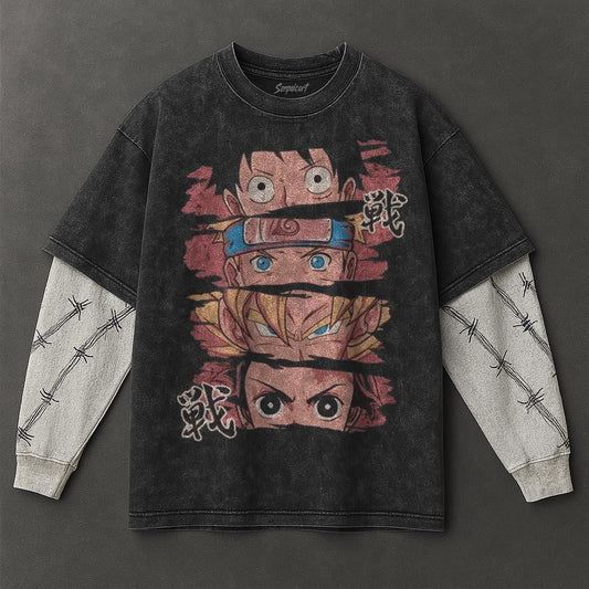 Naruto Oversized Cozy Black Washed Double Sleeves T-Shirt