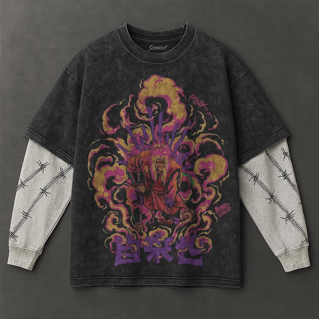 Naruto Oversized Urban Black Washed Double Sleeves T-Shirt