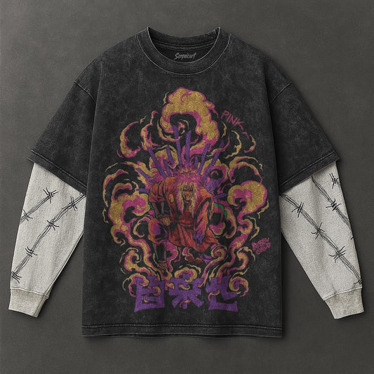 Naruto Oversized Urban Black Washed Double Sleeves T-Shirt