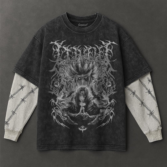 Naruto Oversized Rugged Black Washed Double Sleeves T-Shirt