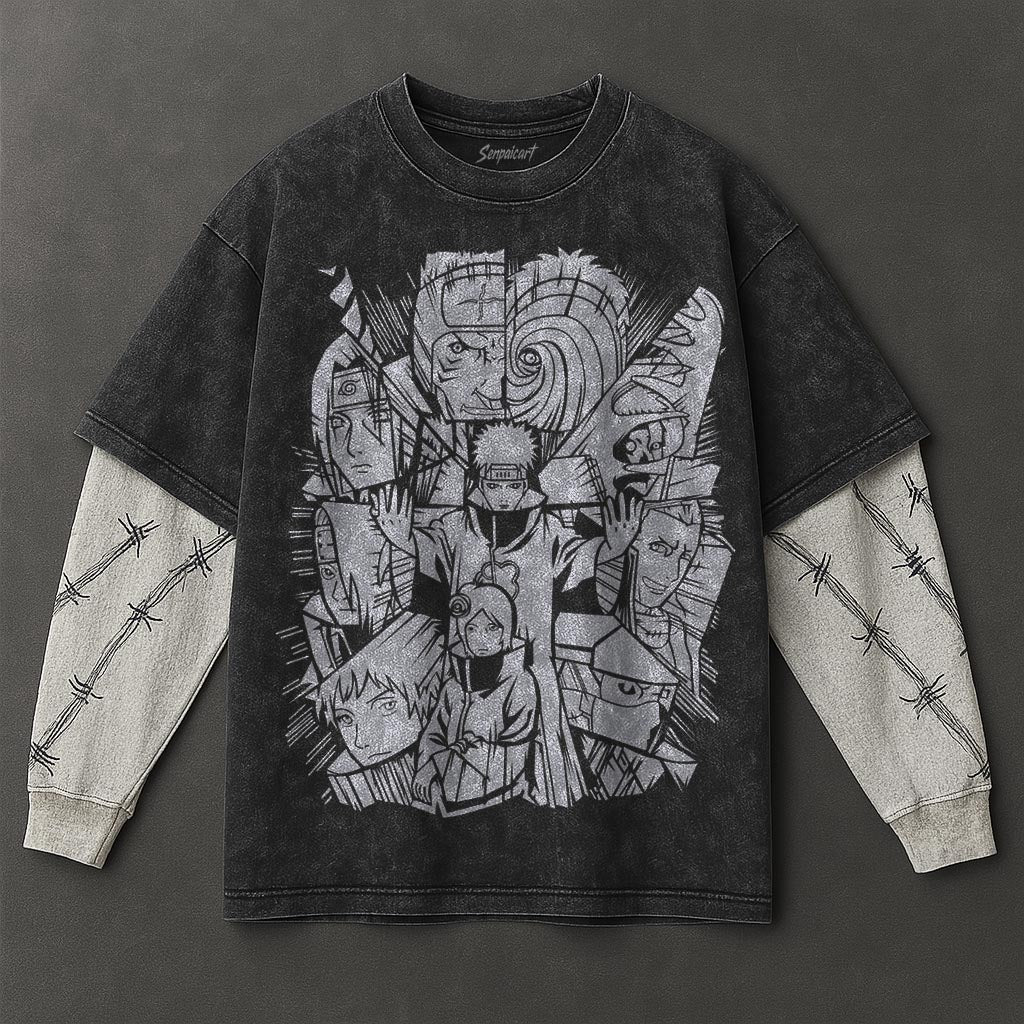 Naruto Oversized Refined Black Washed Double Sleeves T-Shirt