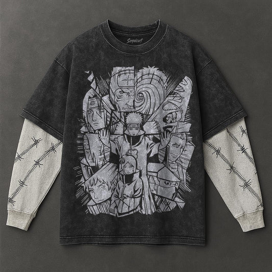 Naruto Oversized Refined Black Washed Double Sleeves T-Shirt