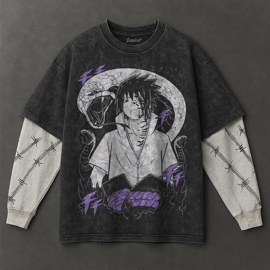 Naruto Oversized Clean Black Washed Double Sleeves T-Shirt
