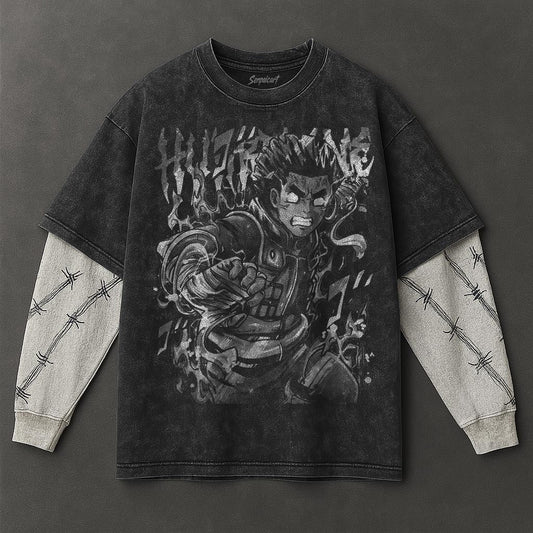 Naruto Oversized Luxe Black Washed Double Sleeves T-Shirt