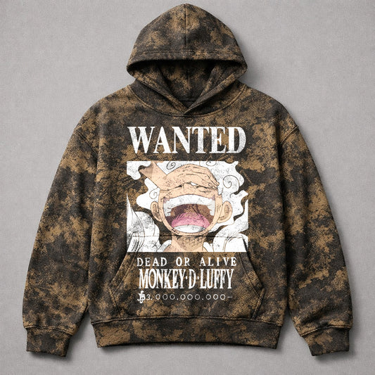 One Piece Luffy Wanted Brown Camo Washed Hoodie