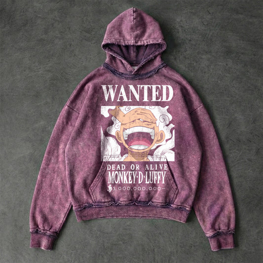 One Piece Luffy Wanted Faded Plum Washed Hoodie