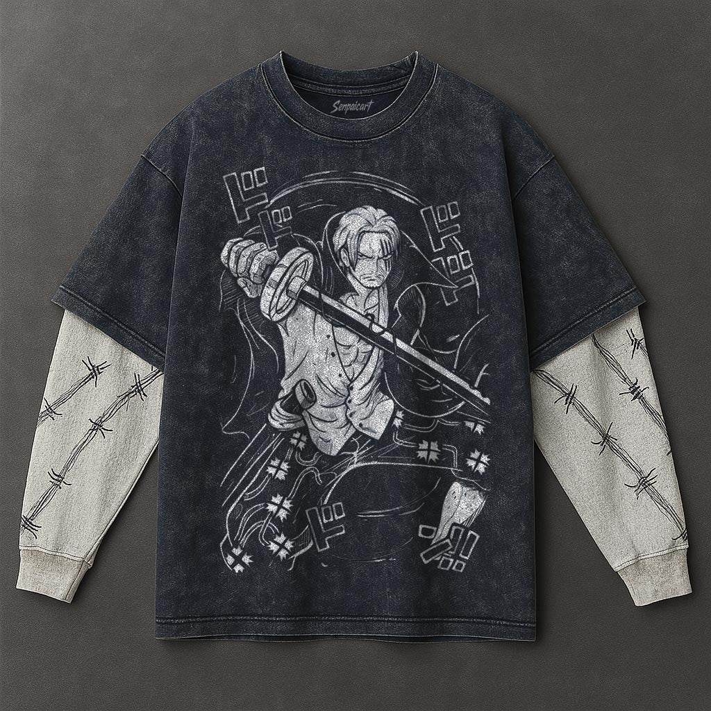 One Piece Premium Airy Double Sleeves Blue Washed T-Shirt