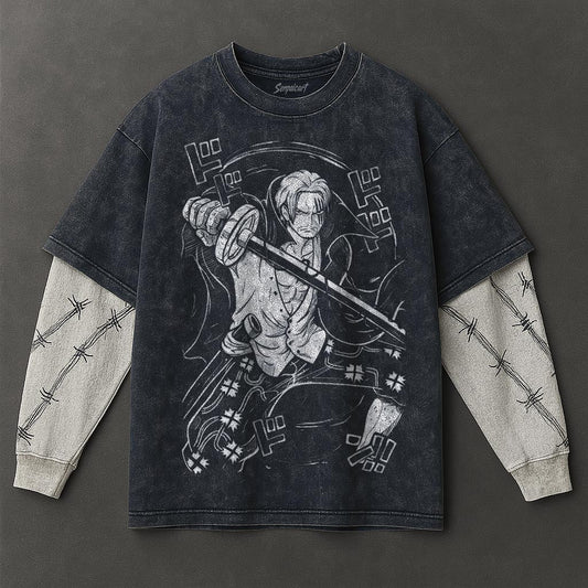 One Piece Premium Airy Double Sleeves Blue Washed T-Shirt