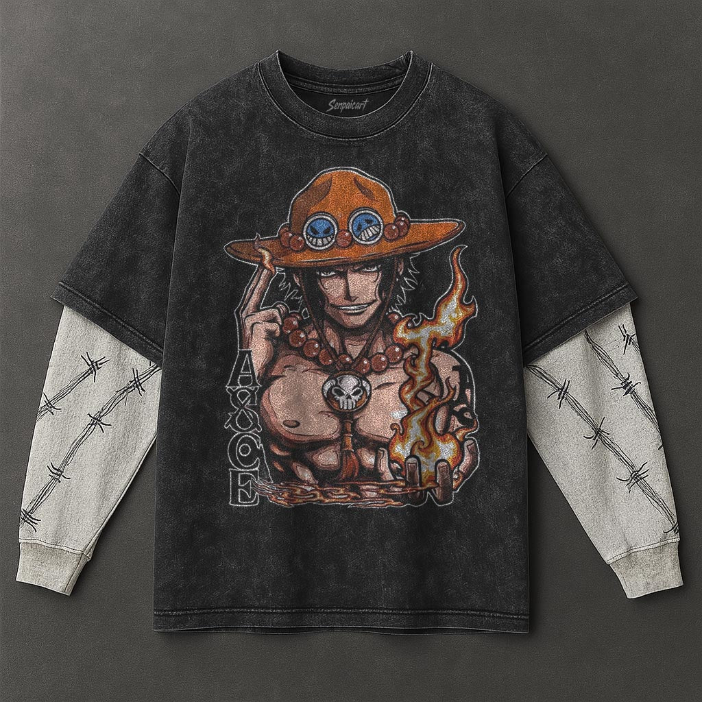 One Piece Premium Cozy Black Double Sleeves Washed T-Shirt
