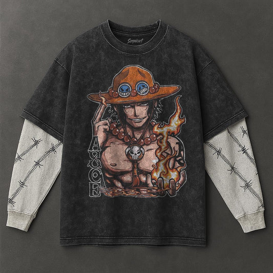 One Piece Premium Cozy Black Double Sleeves Washed T-Shirt
