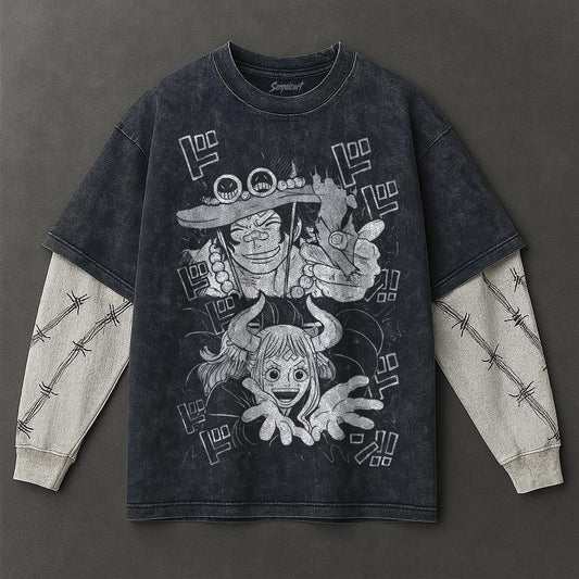 One Piece Premium Effortless Double Sleeves Blue Washed T-Shirt