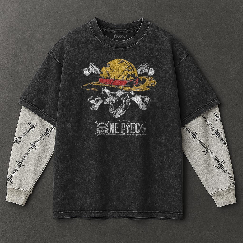One Piece Premium Effortless Black Double Sleeves Washed T-Shirt