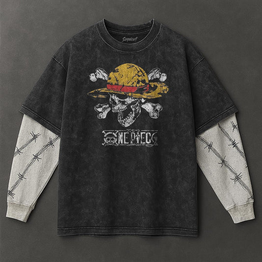 One Piece Premium Effortless Black Double Sleeves Washed T-Shirt