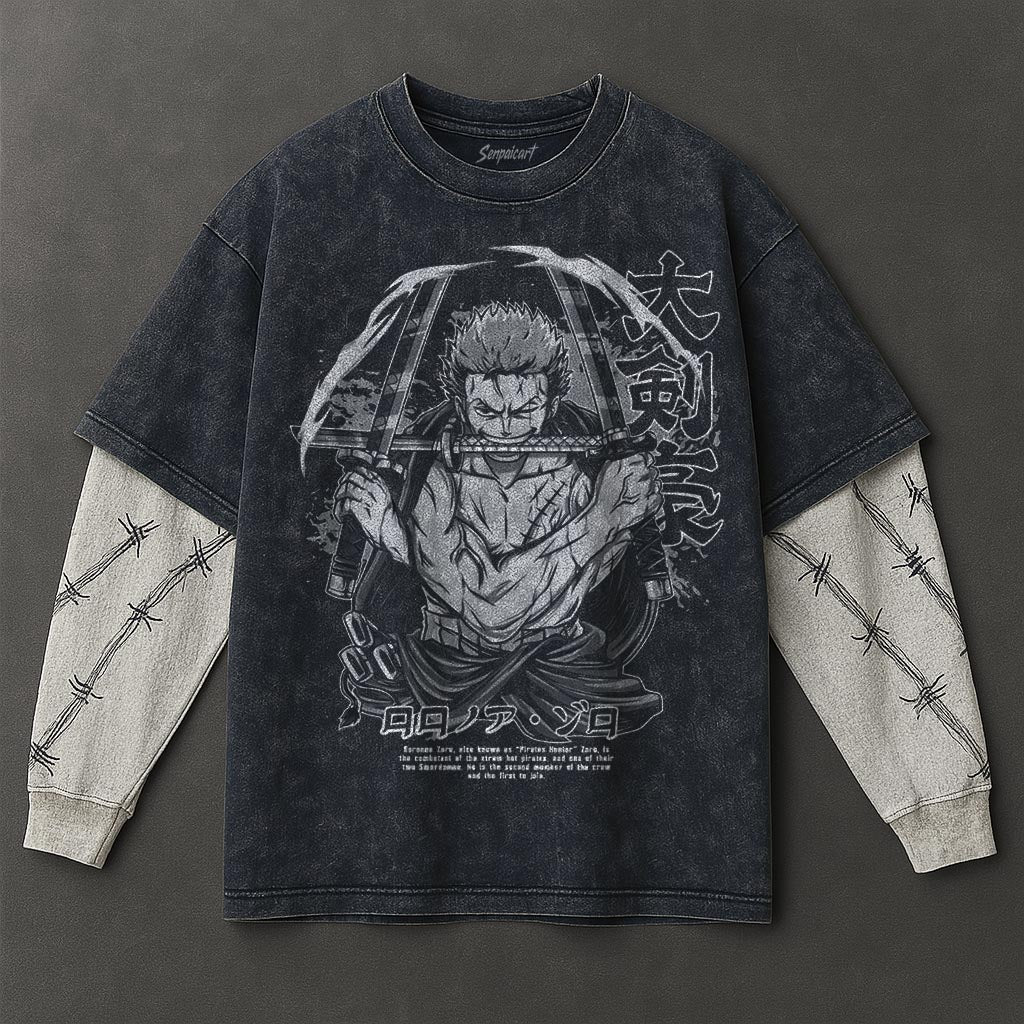 One Piece Premium Breezy Double Sleeves Blue Washed T-Shirt