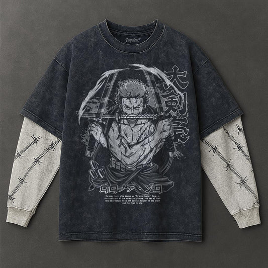 One Piece Premium Breezy Double Sleeves Blue Washed T-Shirt