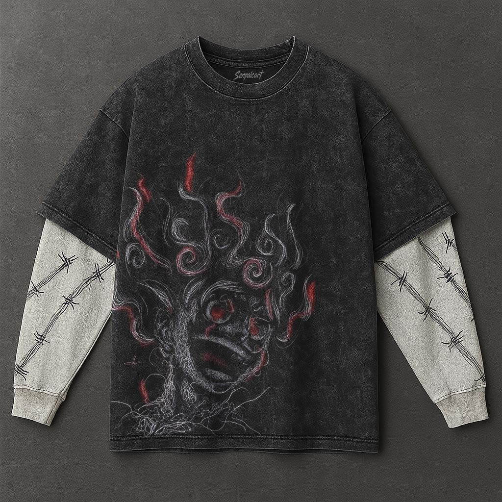 One Piece Premium Relaxed Black Double Sleeves Washed T-Shirt