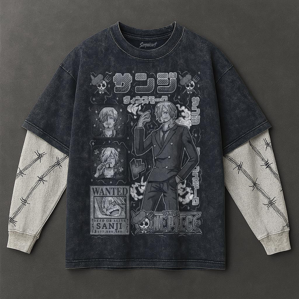 One Piece Premium Oversized Double Sleeves Blue Washed T-Shirt