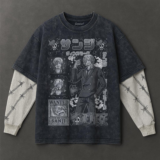 One Piece Premium Oversized Double Sleeves Blue Washed T-Shirt
