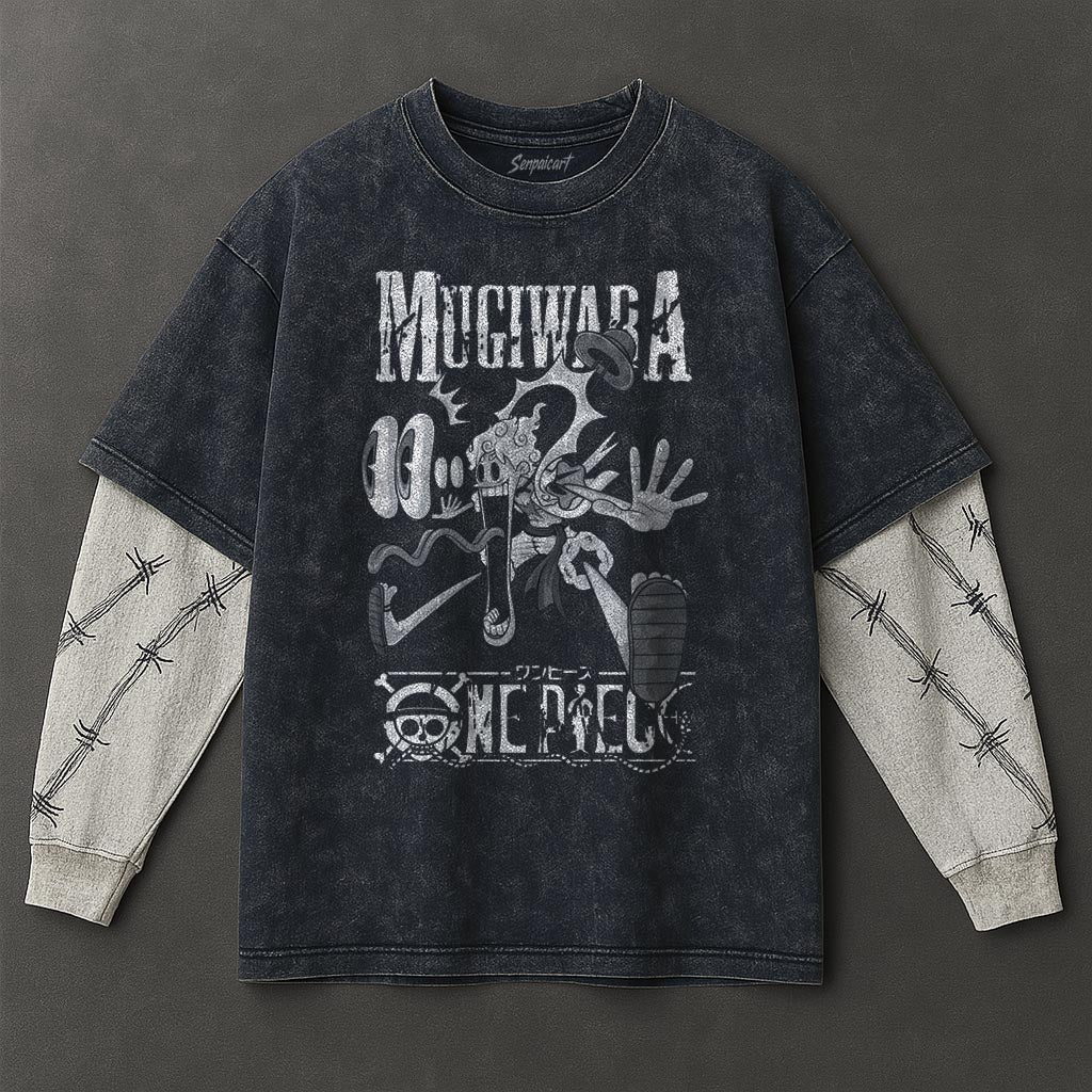 One Piece Premium Flowy Double Sleeves Blue Washed T-Shirt