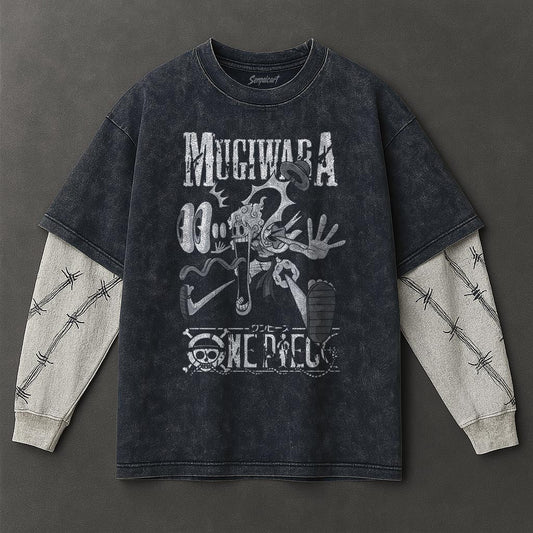 One Piece Premium Flowy Double Sleeves Blue Washed T-Shirt
