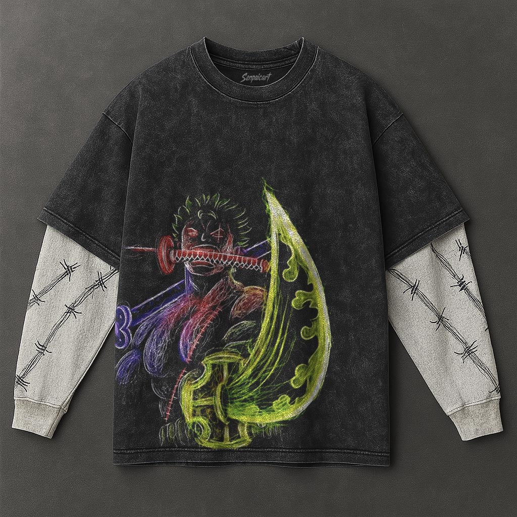 One Piece Premium Roomy Black Double Sleeves Washed T-Shirt
