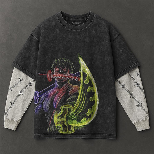 One Piece Premium Roomy Black Double Sleeves Washed T-Shirt