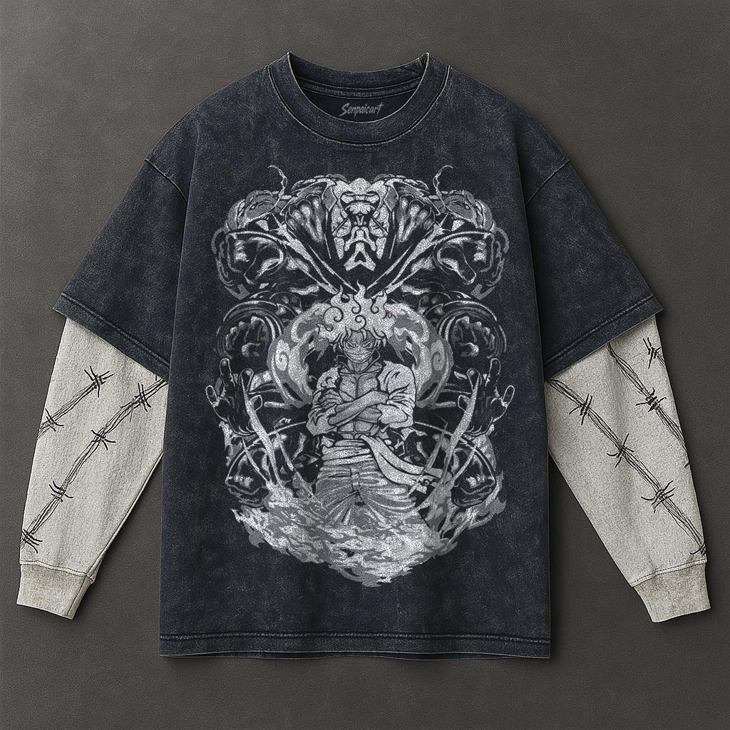 One Piece Premium Relaxed Double Sleeves Blue Washed T-Shirt