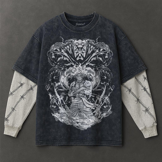 One Piece Premium Relaxed Double Sleeves Blue Washed T-Shirt