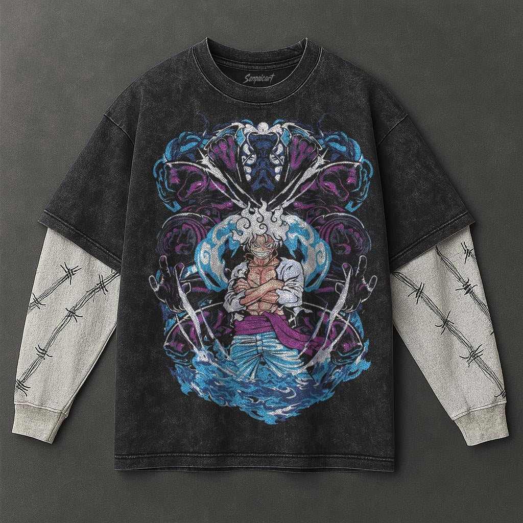 One Piece Premium Casual Black Double Sleeves Washed T-Shirt