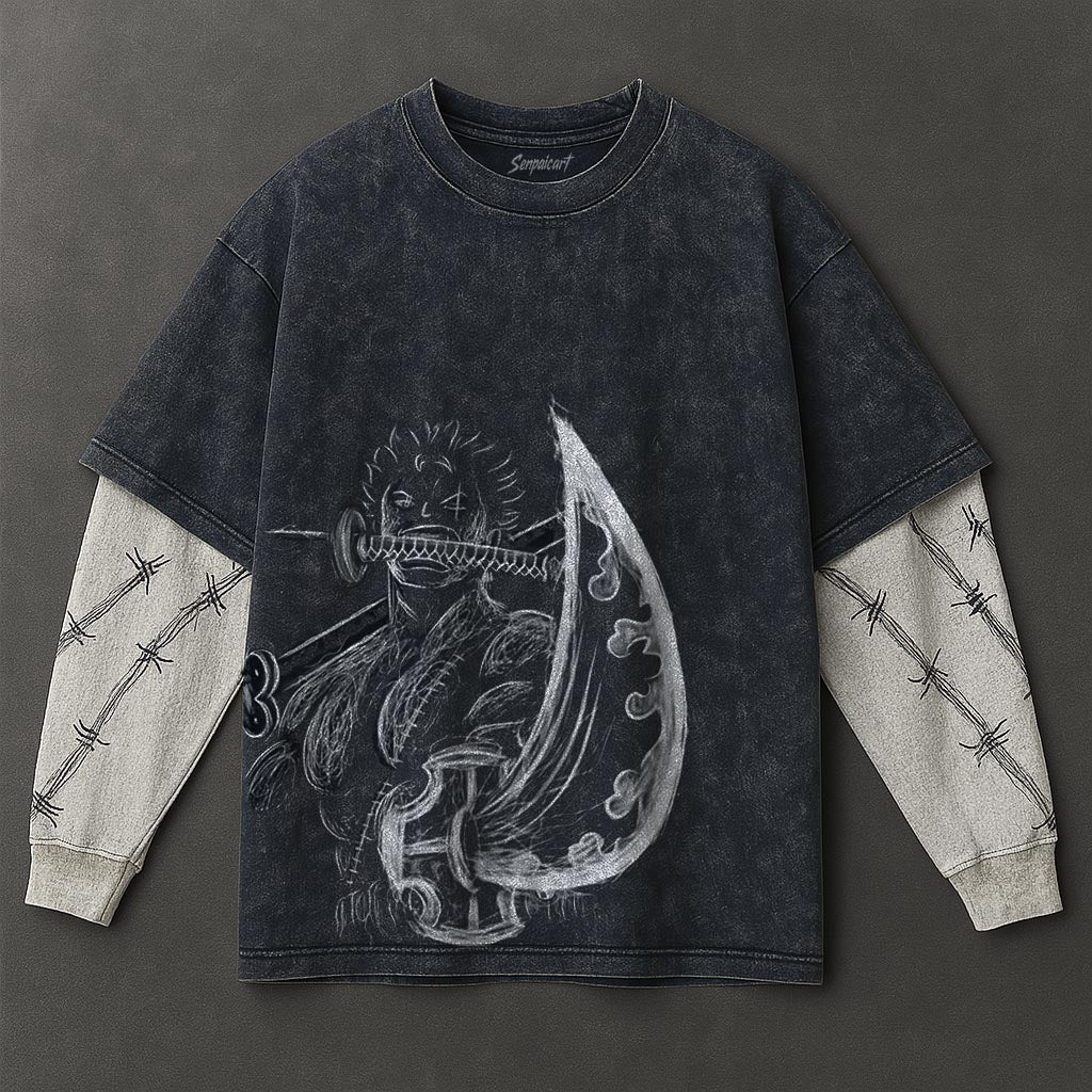 One Piece Premium Cozy Double Sleeves Blue Washed T-Shirt