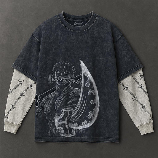 One Piece Premium Cozy Double Sleeves Blue Washed T-Shirt