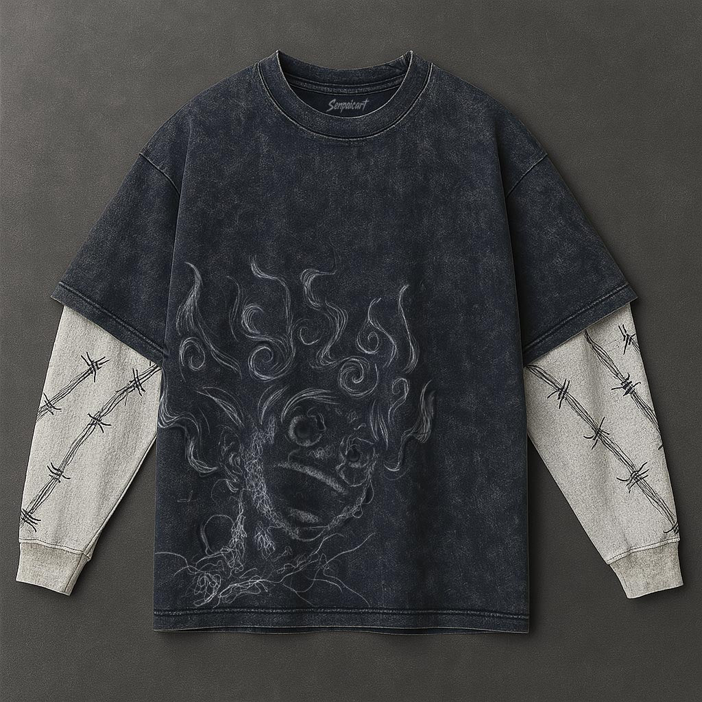 One Piece Premium Lightweight Double Sleeves Blue Washed T-Shirt
