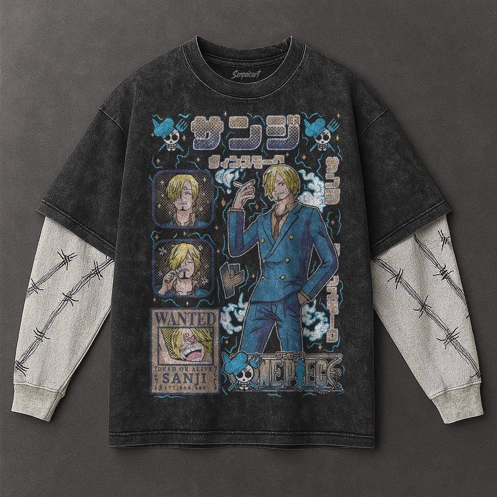 One Piece Premium Loose Black Double Sleeves Washed T-Shirt